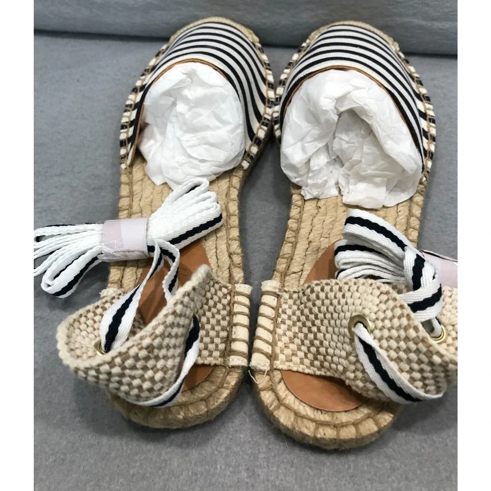 J. Crew Womens Sz 8.5 Striped Espadrille Flats w/Ankle Ties Boho Summer Sandals - Picture 7 of 9